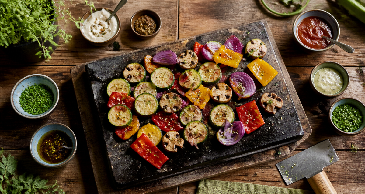 pierrade legumes sur pierre avec légumes variés