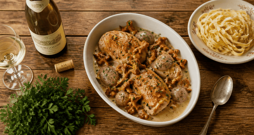 Poulet girolles crème vin blanc en sauce