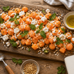 recette melon salade feta et menthe sur planche bois