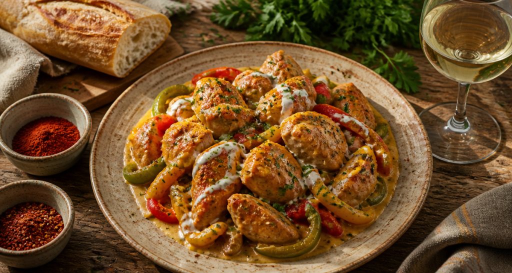 recette poulet poivron en sauce assiette rustique