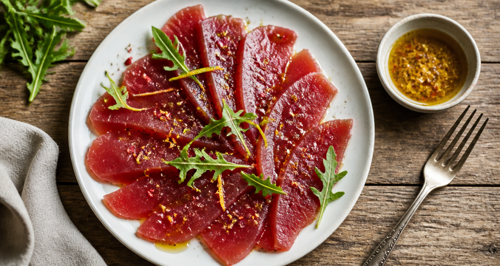 Carpaccio de thonine crue décoré d'agrumes et roquette