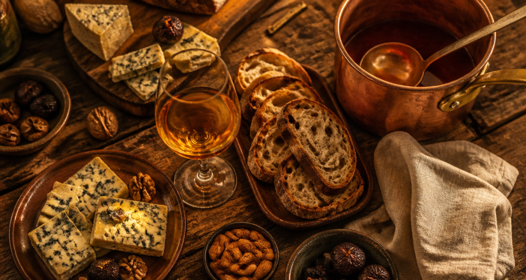 vin cuit apéritif français sur table rustique