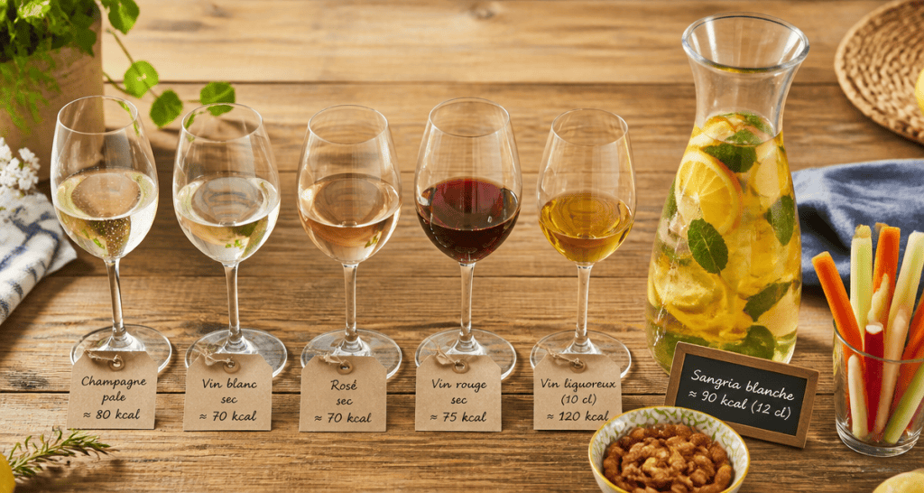 verres de vin le moins calorique alignés sur table