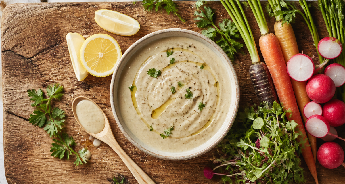 vinaigrette sans vinaigre crémeuse au tahini et citron sur planche en bois
