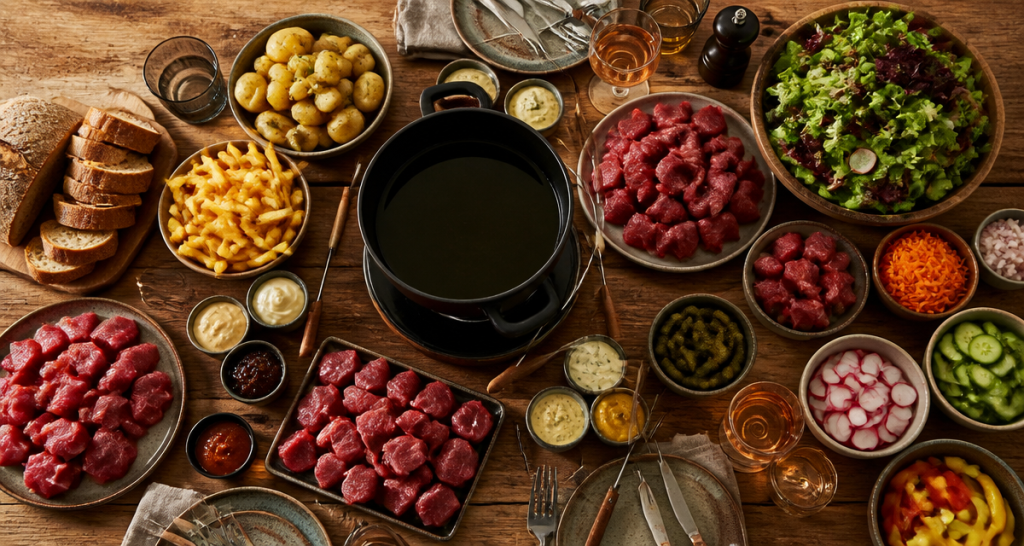 Accompagnement fondue bourguignonne sur table conviviale