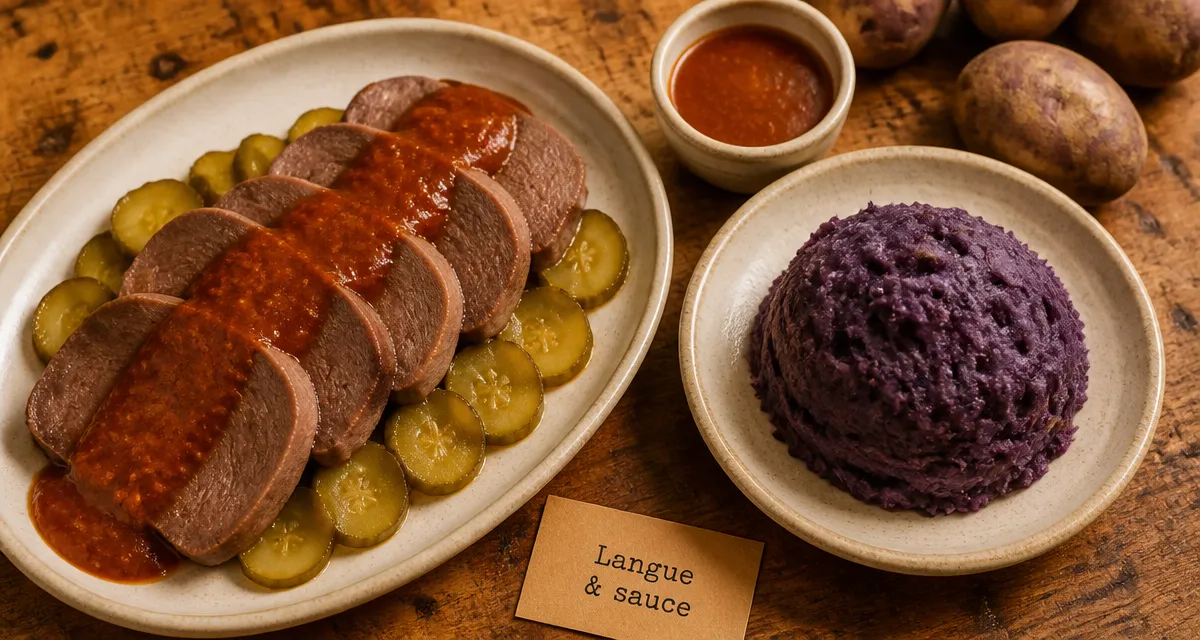 Accompagnement pour langue de boeuf, langue et sauce rouge-brun sur cornichons et vitelotte