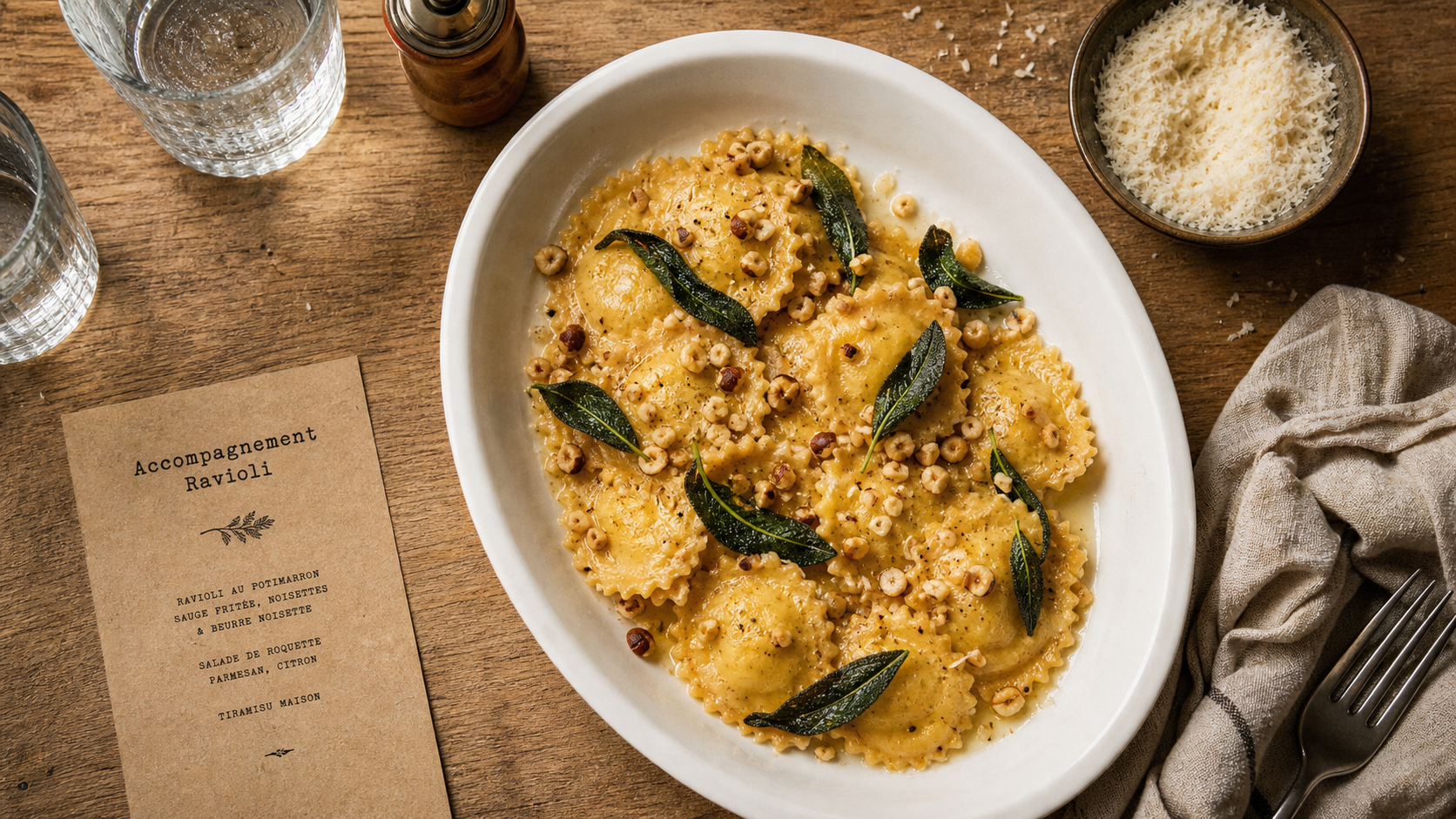 Accompagnement ravioli : raviolis à la courge, sauge et noisettes, parmesan