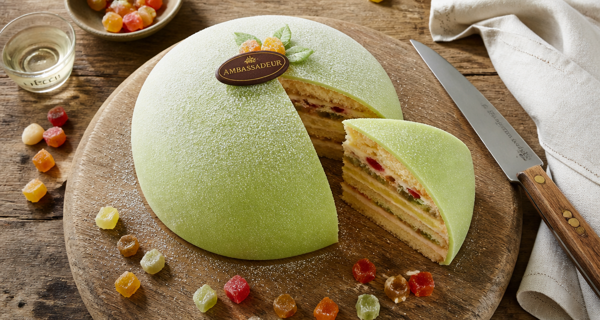 ambassadeur gateau entier coupe et fruits confits