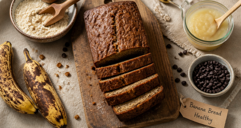 banana bread recette healthy moelleux sur planche avec ingrédients