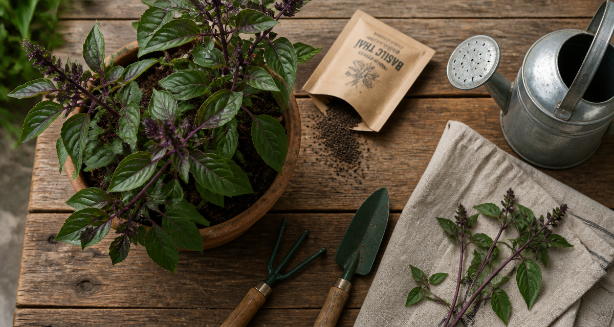 basilic thaï luxuriant en pot avec outils et graines