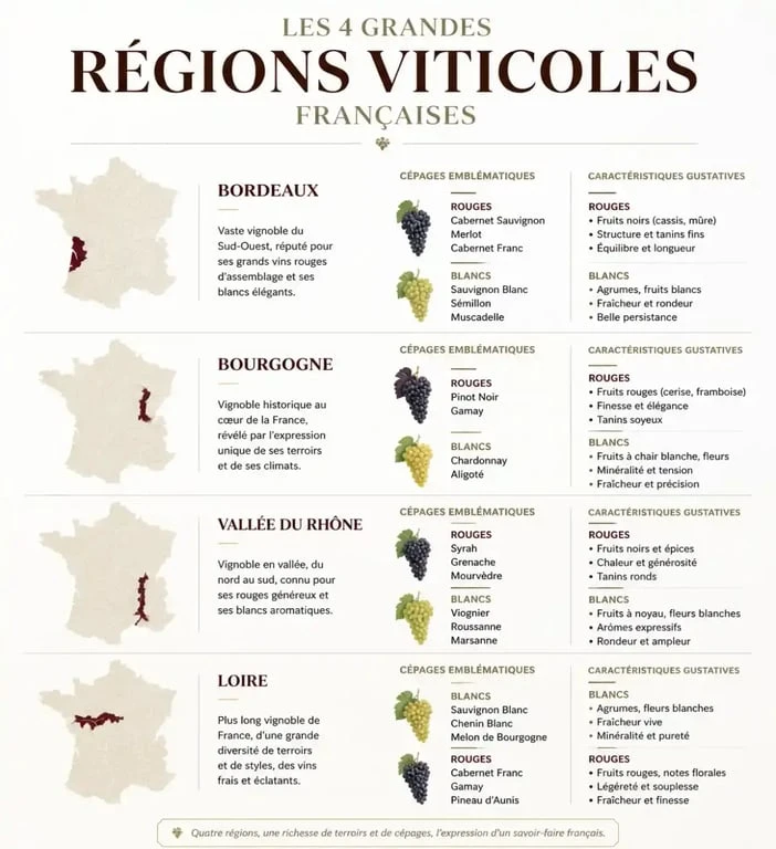 Infographie des régions viticoles françaises pour apprendre le vin