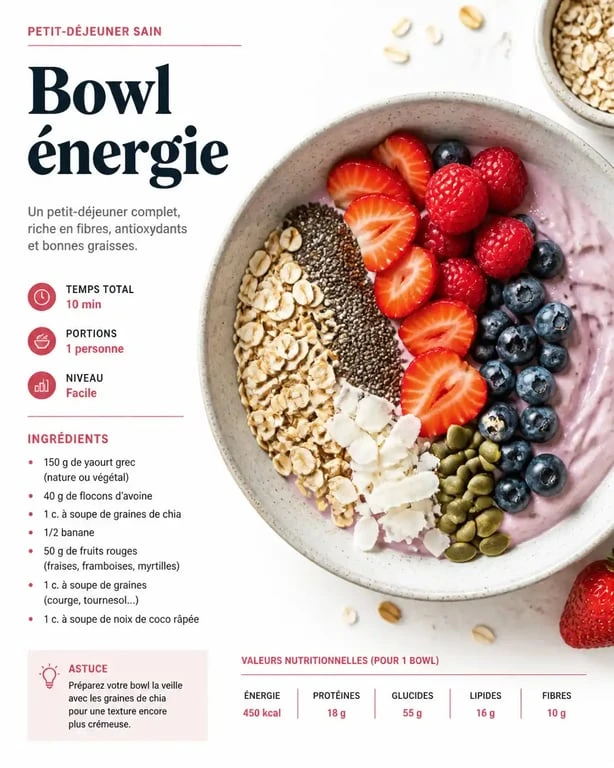 Bowl petit déjeuner sain et gourmand avec fruits frais et graines pour une recette équilibrée