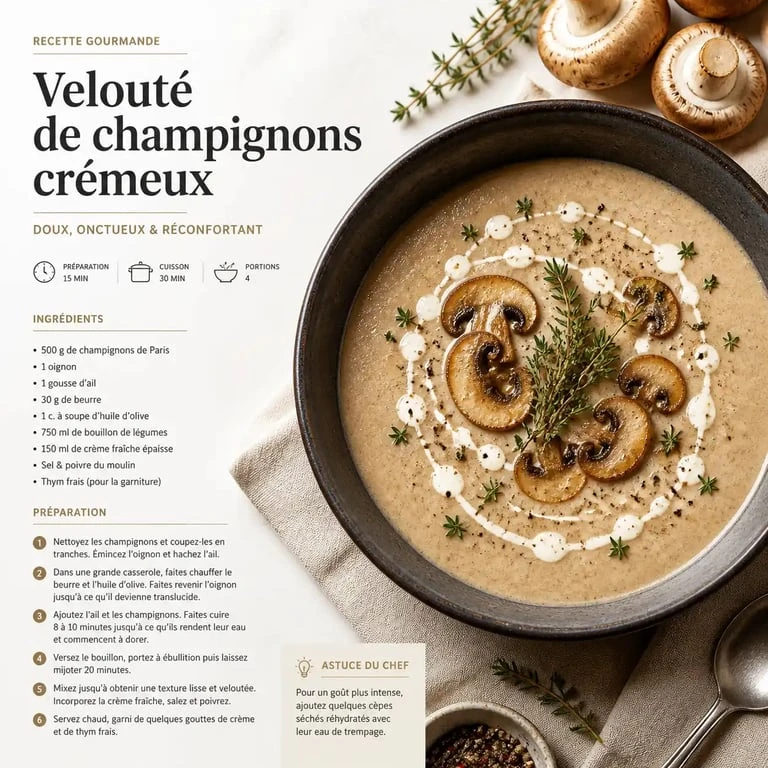 Velouté de champignons au Thermomix servi dans un bol élégant
