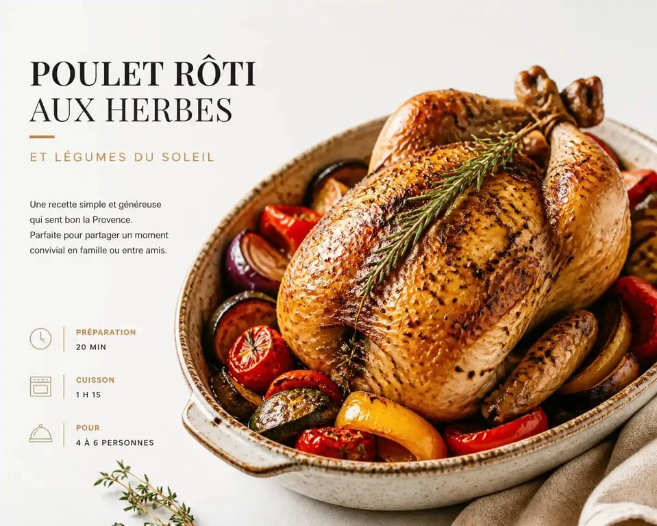 Poulet rôti aux herbes de Provence et légumes du soleil dans un plat rustique
