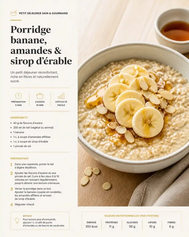 Bol de porridge maison crémeux avec fruits et oléagineux pour une recette de porridge saine et gourmande