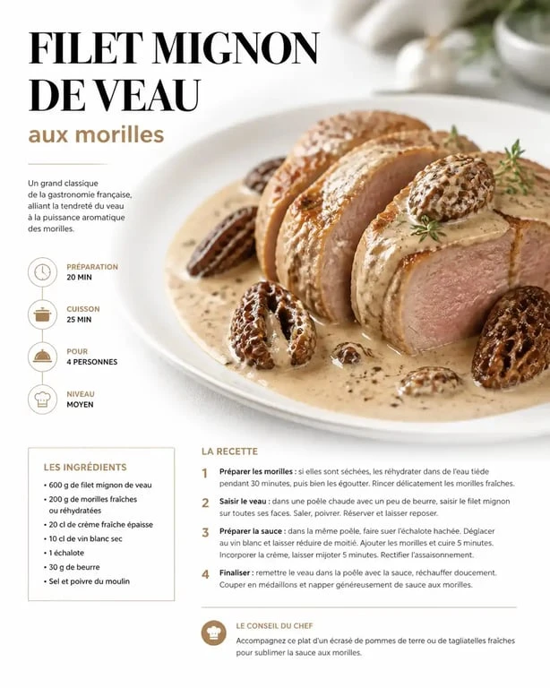 Filet mignon de veau gastronomique aux morilles dressé sur assiette