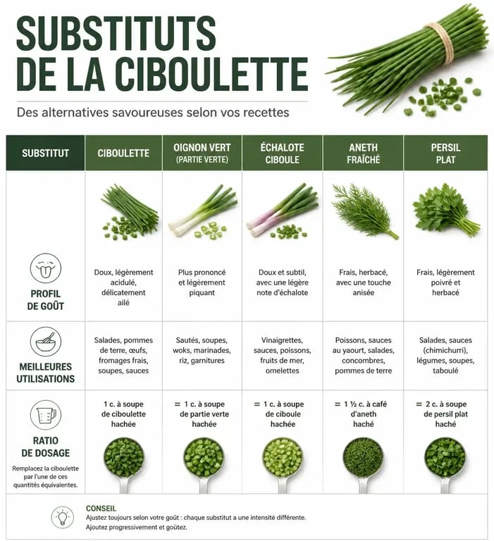 Infographie comparative des substituts de la ciboulette pour la cuisine