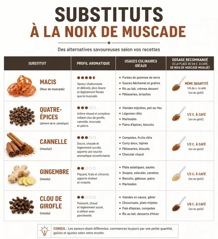 Tableau comparatif des substituts à la noix de muscade pour la cuisine