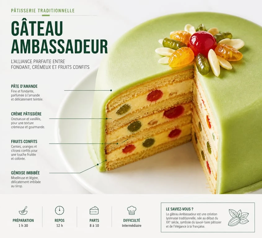 Gâteau Ambassadeur traditionnel avec sa couverture en pâte d'amande verte et ses couches de génoise et fruits confits
