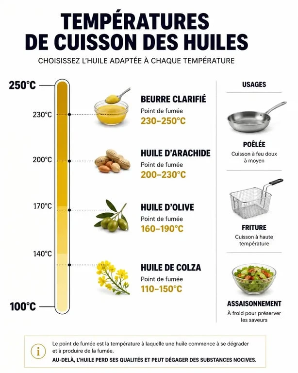 Infographie comparative des points de fumée des huiles de cuisson pour choisir la meilleure huile selon la température