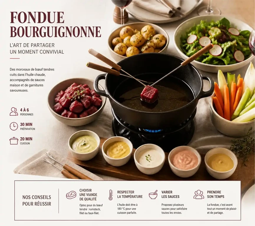 Table dressée pour une fondue bourguignonne avec ses accompagnements variés et sauces maison