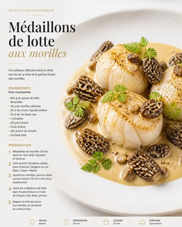 Assiette gastronomique de médaillons de lotte aux morilles pour une recette de lotte raffinée