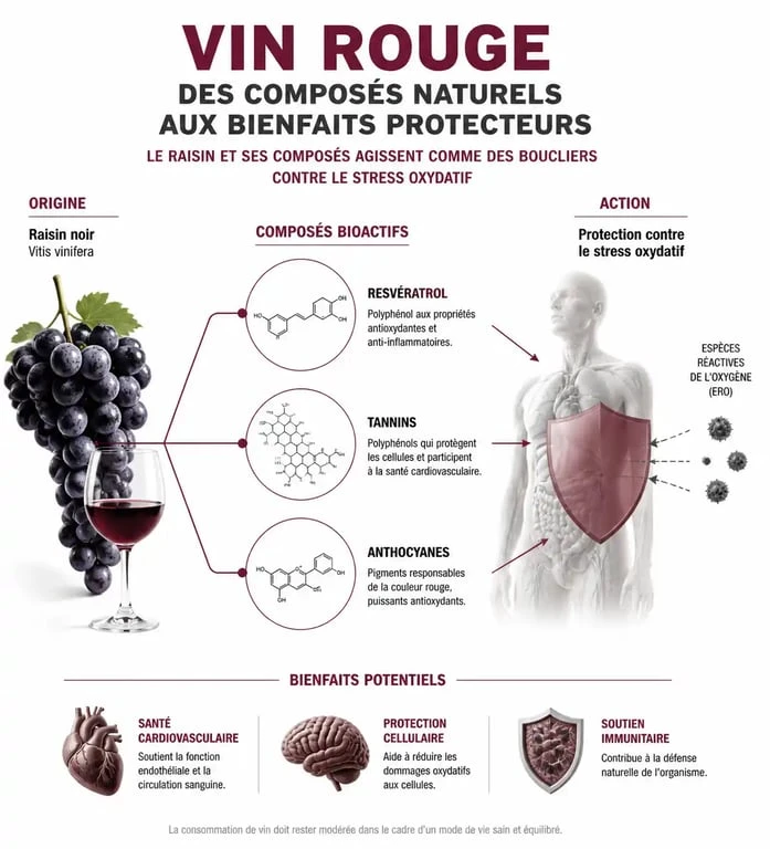Infographie sur les bienfaits du vin rouge et l'action des antioxydants