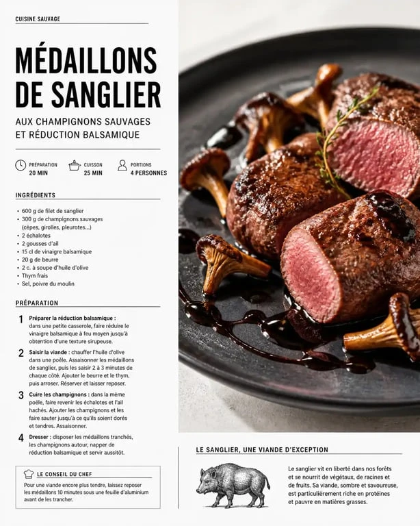 Médaillons de sanglier cuits à la poêle avec sauce balsamique et champignons