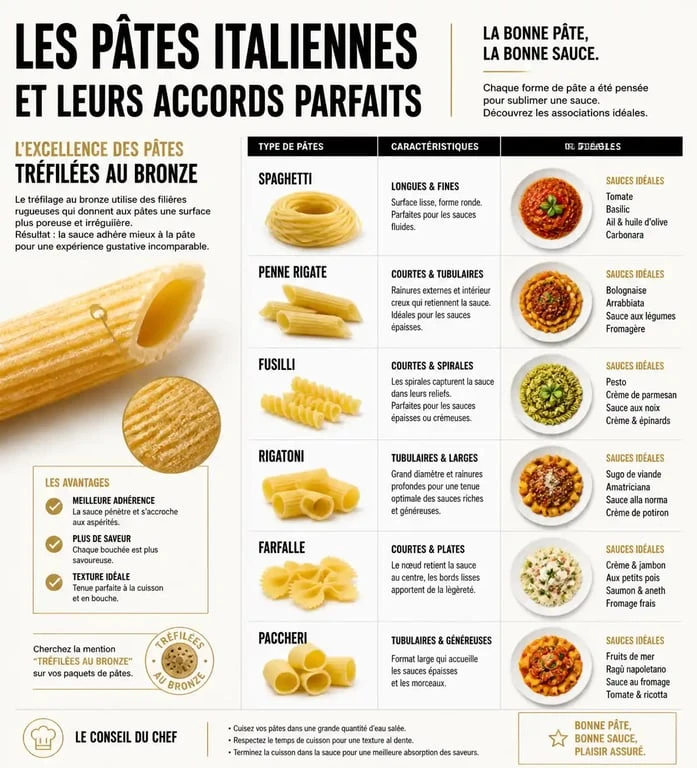 Infographie comparative des formats de pâtes italiennes et associations de sauces pour choisir les meilleures marques de pâtes.