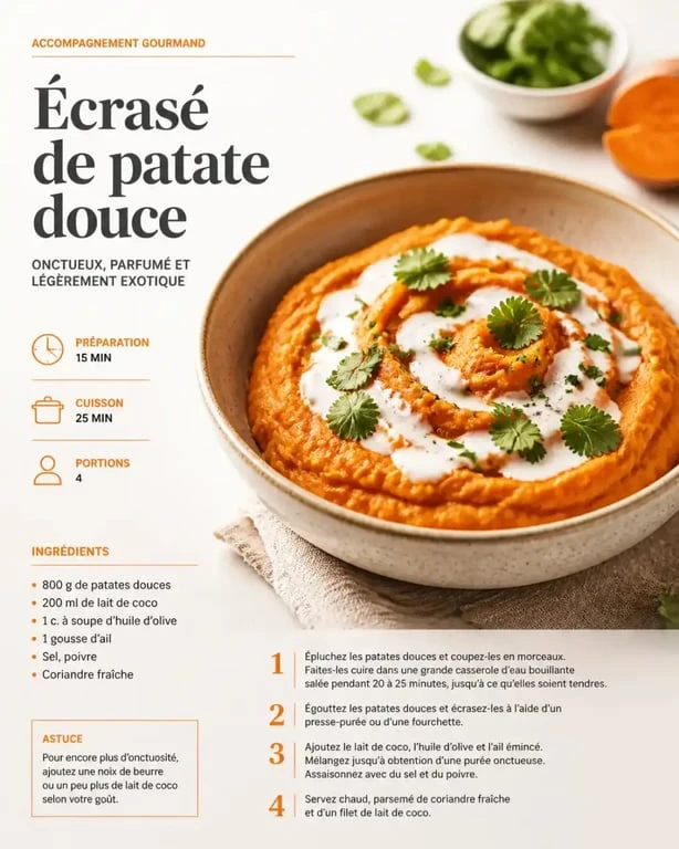 Écrasé de patate douce au lait de coco, un accompagnement patate douce savoureux et coloré