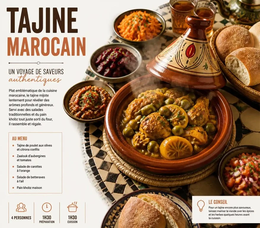Tajine marocain traditionnel servi avec ses accompagnements : pain Khobz et salades variées