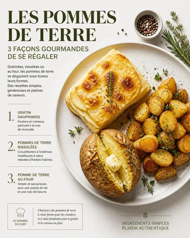 Assortiment d'accompagnements de pommes de terre maison : gratin, rissolées et au four