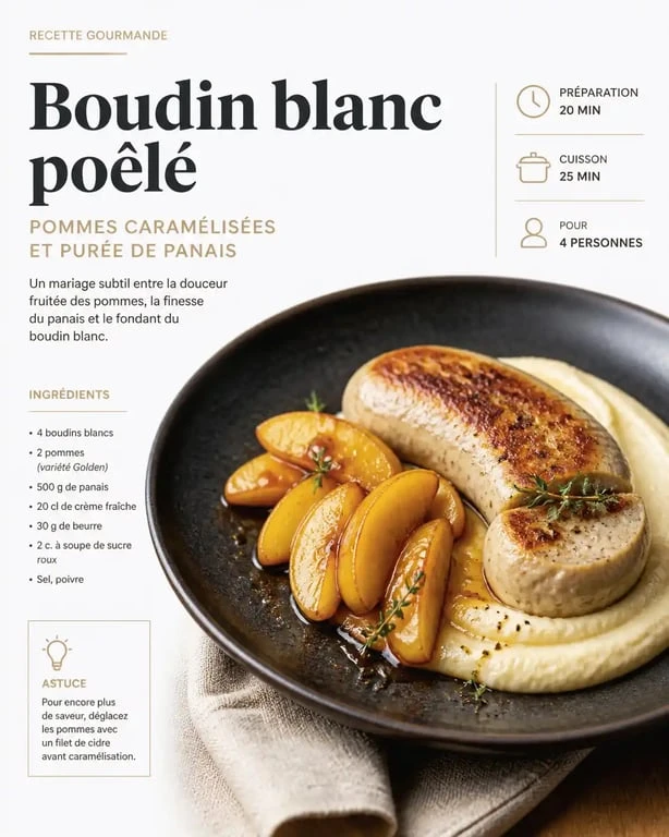 Boudin blanc poêlé avec pommes caramélisées et purée de panais, une idée d'accompagnement boudin blanc raffinée.