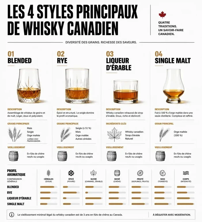 Infographie des styles de whisky canadien : Blended, Rye, Liqueur d'érable et Single Malt.