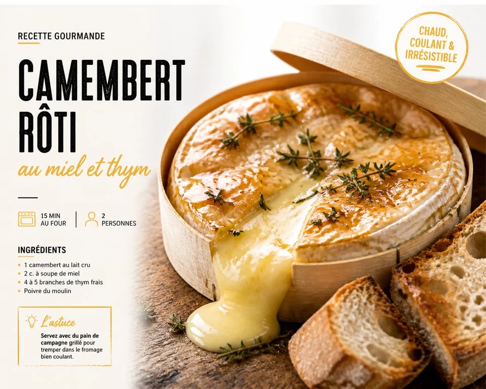 Camembert rôti au four avec miel et thym, prêt à être dégusté avec du pain de campagne
