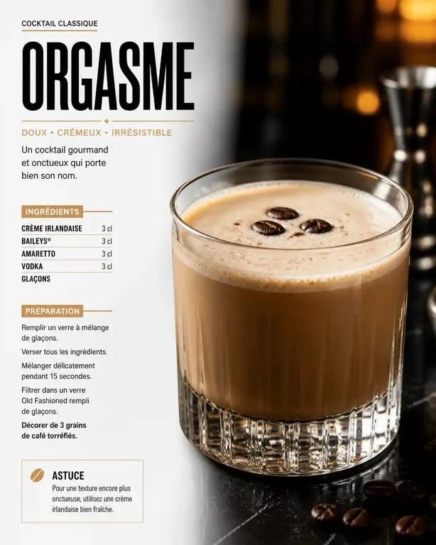 Cocktail Orgasme onctueux servi dans un verre Old Fashioned avec grains de café