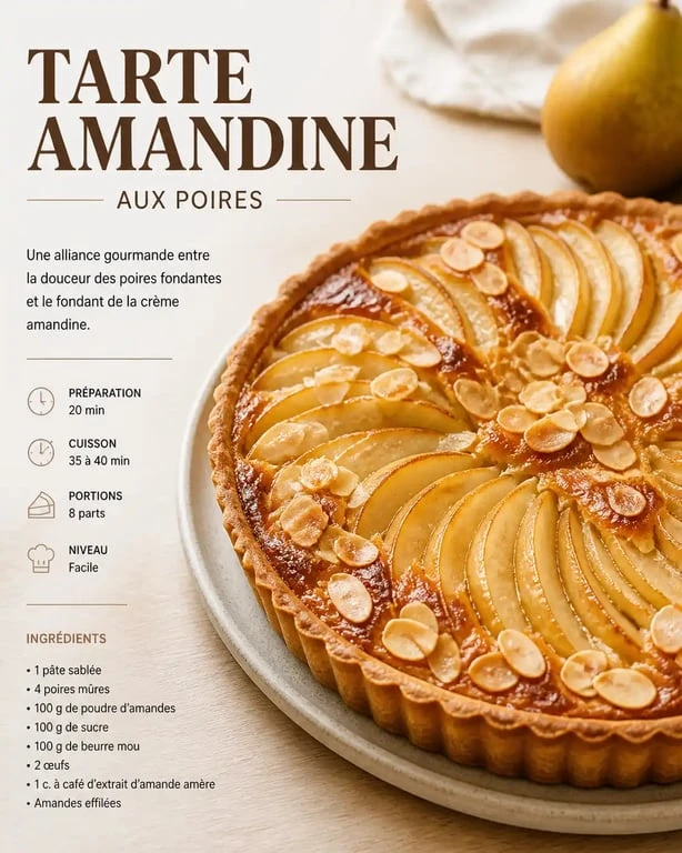 Tarte amandine aux poires réalisée avec une pâte brisée croustillante