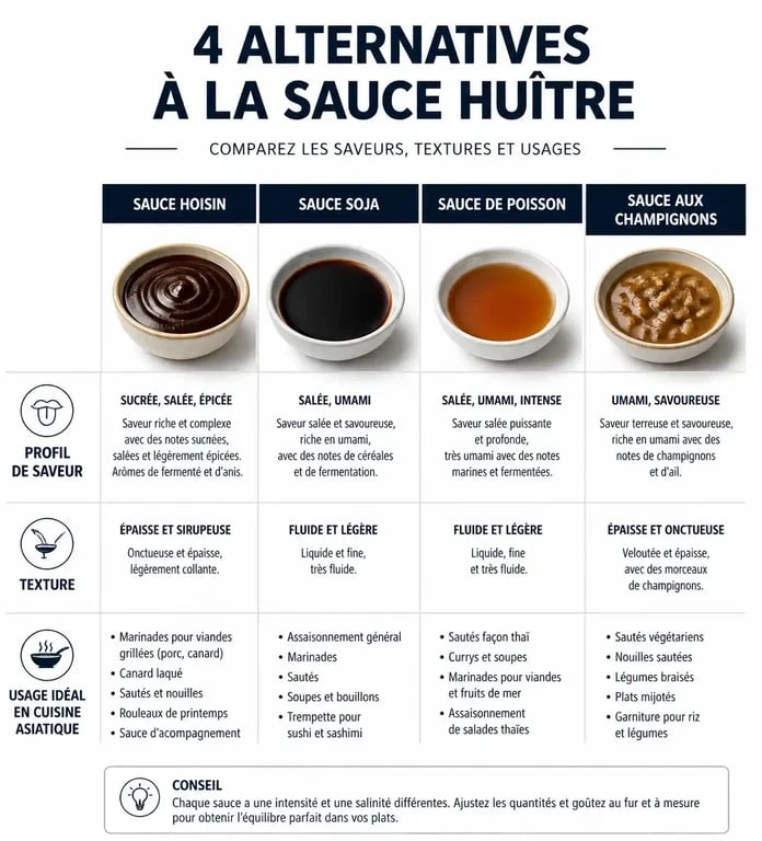 Infographie comparative des meilleures alternatives à la sauce huître pour vos recettes asiatiques
