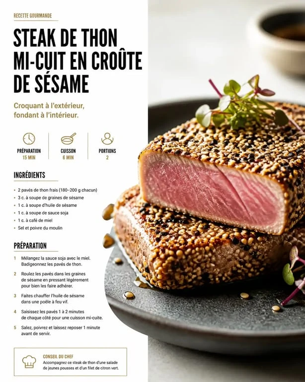 Steak de thon mi-cuit en croûte de sésame, idéal pour réussir la cuisson d'un steak de thon.