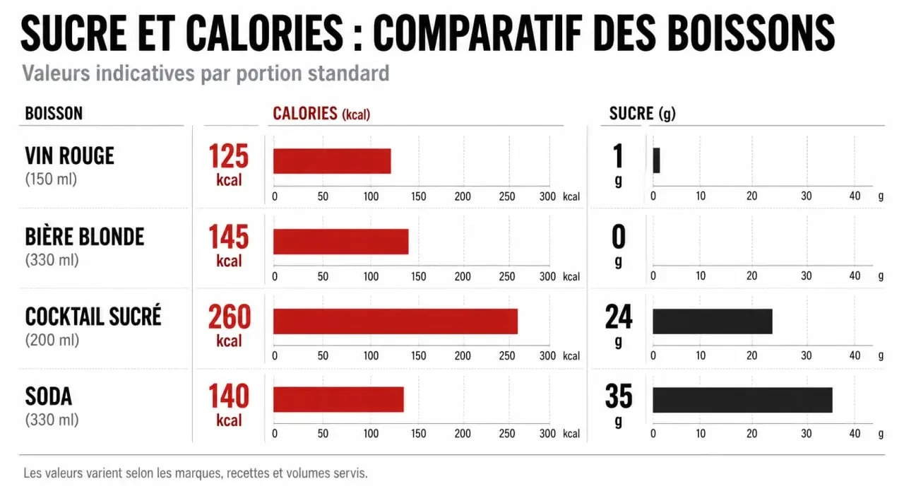 Infographie comparative des apports en sucre et calories par type de boisson alcoolisée
