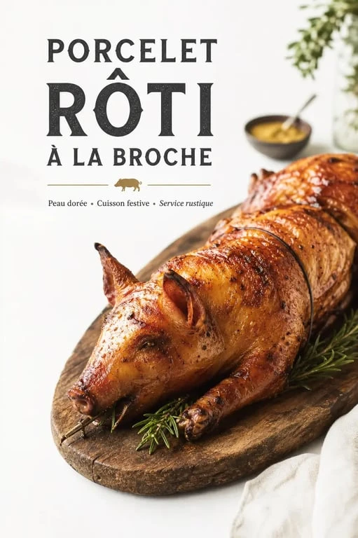 Porcelet à la broche rôti et croustillant prêt à être servi pour un banquet