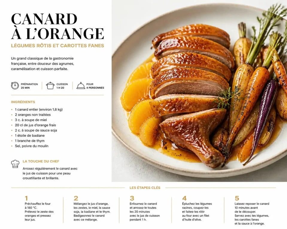 Assiette de canard à l'orange avec son accompagnement de légumes racines rôtis