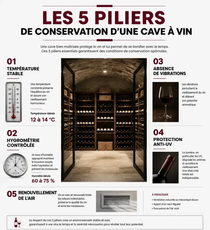 Infographie des 5 critères techniques pour bien choisir sa cave à vin