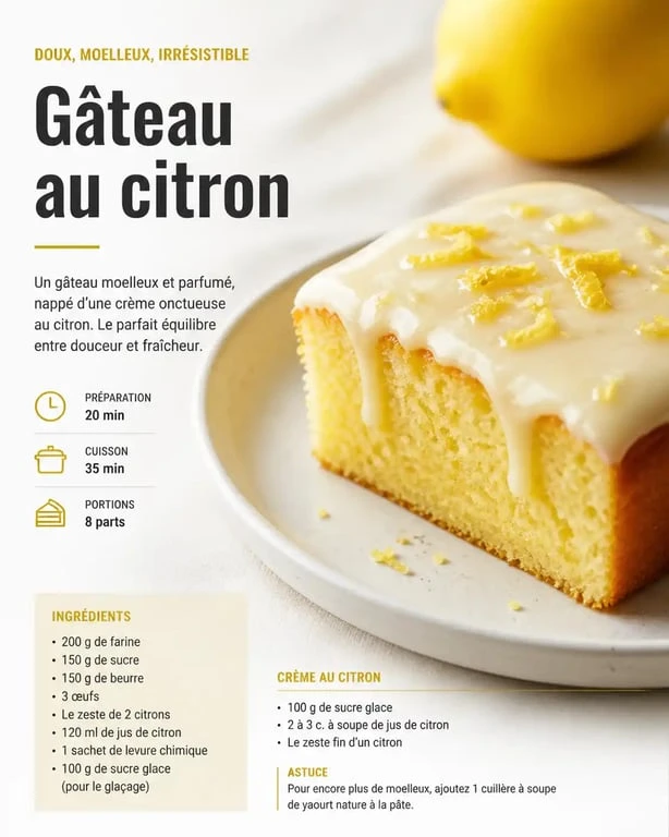 Gâteau au citron et crème fraîche, dessert rapide et gourmand