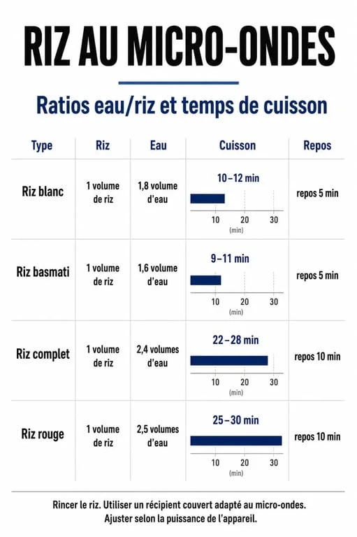 Infographie des temps de cuisson et ratios eau pour réussir son riz au micro-ondes