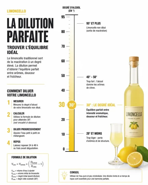 Infographie montrant le degré d'alcool idéal du limoncello et les proportions pour la dilution
