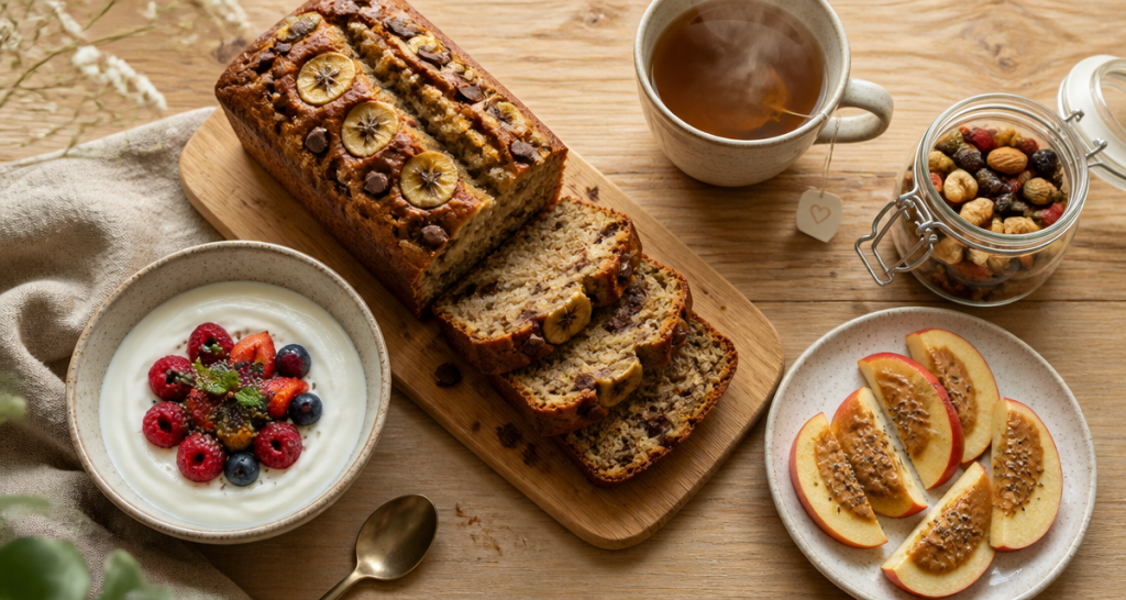 gouter healthy avec cake banane-chocolat, yaourt, fruits et noix