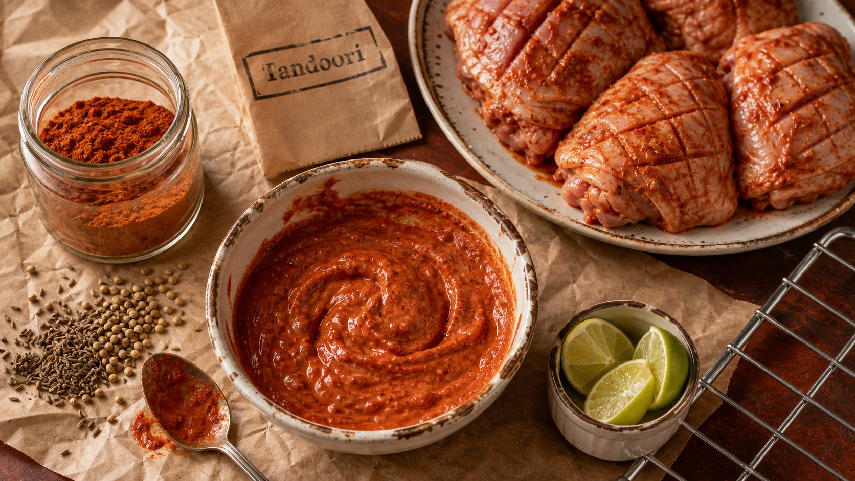 Tandoori epices : bol de marinade rouge yaourt et poulet cru à griller