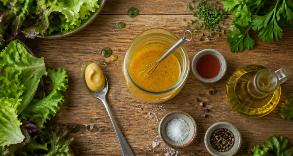 vinaigrette moutarde sur table en bois
