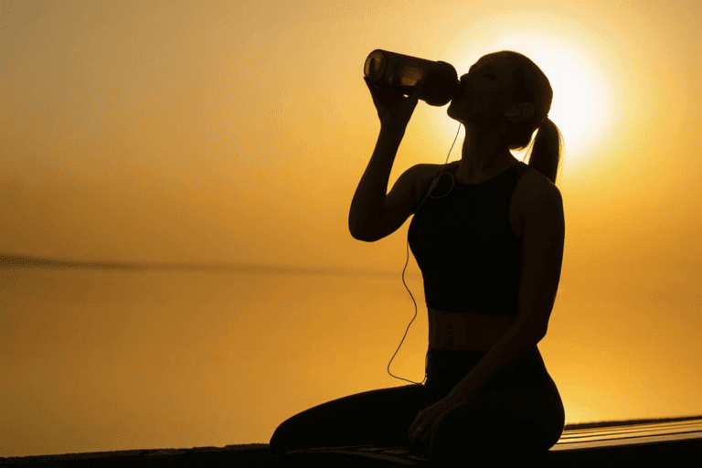 A woman drinking protein in the sunset
